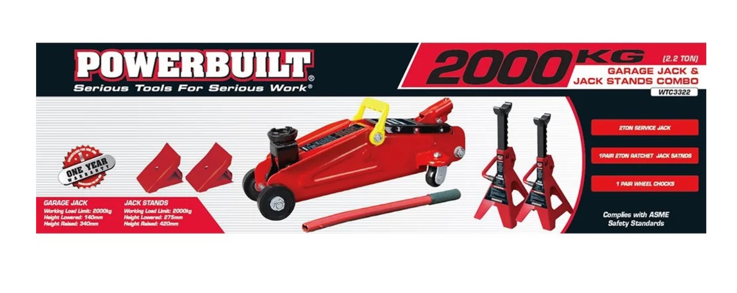 Powerbuilt 2.2 Ton / 2000kg Jack Axle Stand & Wheel Chock Combo